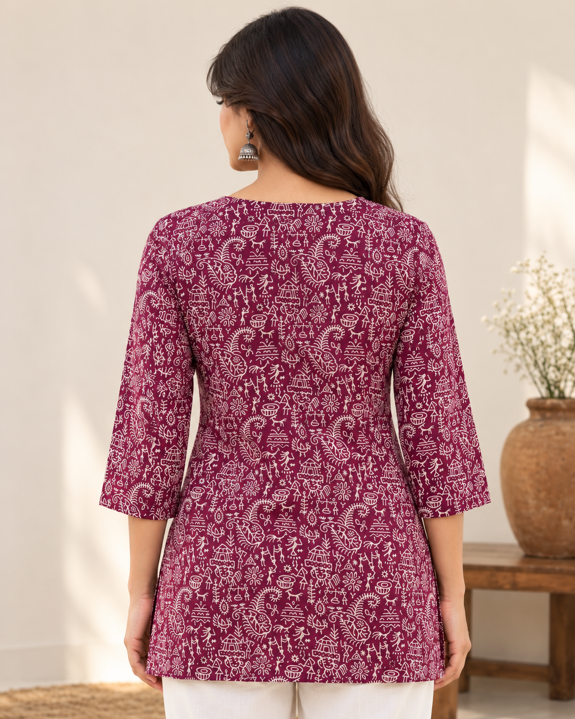 Women’s Wine Printed Short Kurti with Tribal Motifs | 3/4 Sleeve Casual Straight Kurti