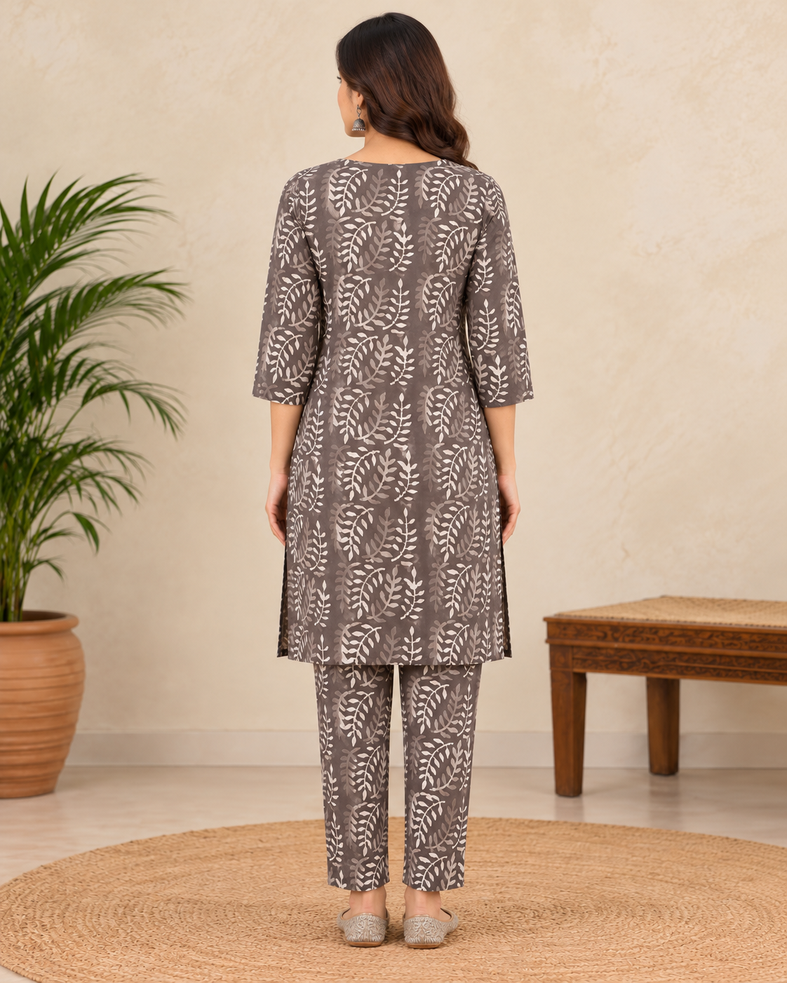 Women's Grey Cotton Hand Block Printed Kurta Pant Set with Pockets | 3/4 Sleeve Ethnic Co-Ord