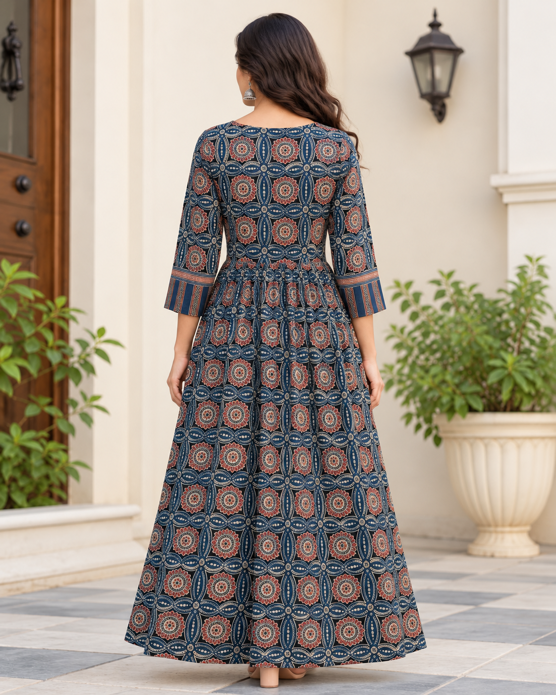 Natural Fab Women's Navy Blue Ajrakh Inspired Printed Flared Maxi Dress with Mirror Work Detail