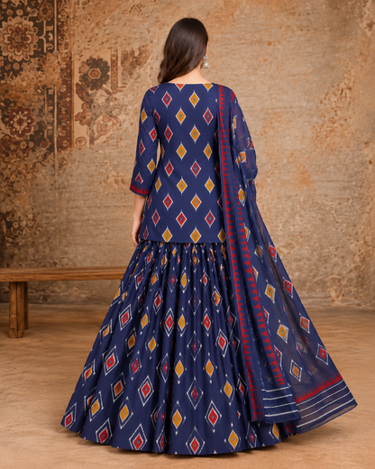 Women’s Navy Blue Cotton Printed Lehenga Set with Kurti & Dupatta | Festive Ethnic Wear