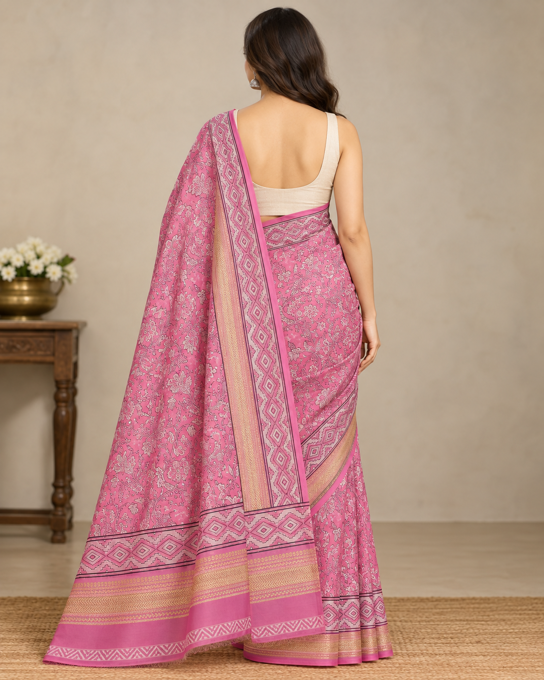 Natural Fab Maheshwari Silk Hand Block Printed Saree with Blouse | 6.30 Metres