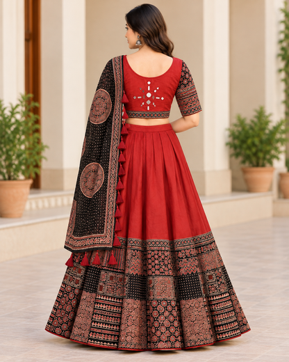Women's Maroon Printed Cotton Lehenga Choli Set with Black Dupatta & Ethnic Border