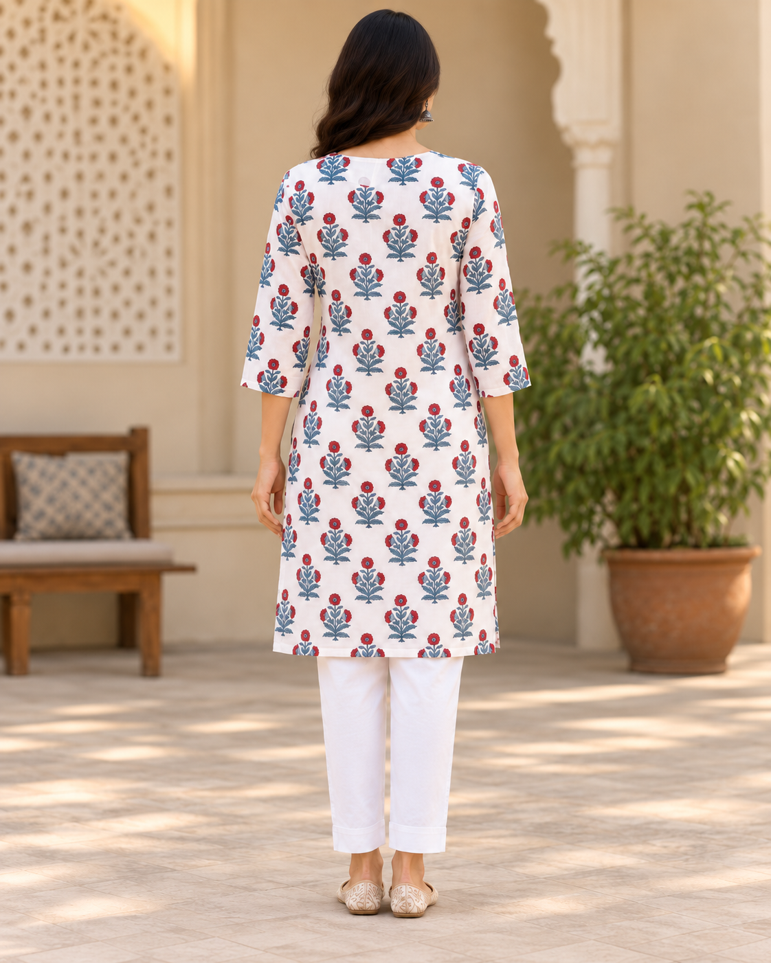 Women’s Hand Block Printed Knee-Length Kurti with Pockets | Floral V-Neck Ethnic Kurta