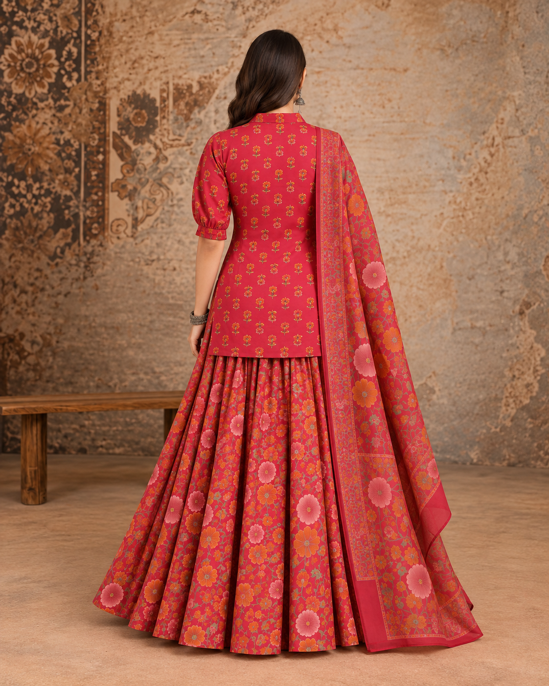 Women’s Cotton Floral Printed Lehenga Set with Kurti & Dupatta | Festive Ethnic Wear