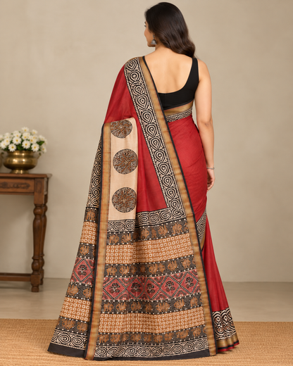 Natural Fab Maheshwari Silk Hand Block Printed Saree with Blouse | 6.30 Metres