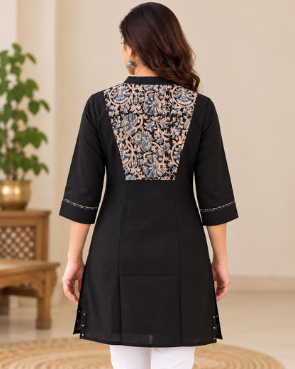 Women's Black Handloom Cotton Kalamkari Hand Block Printed Short Kurti | 3/4 Sleeve Ethnic Top