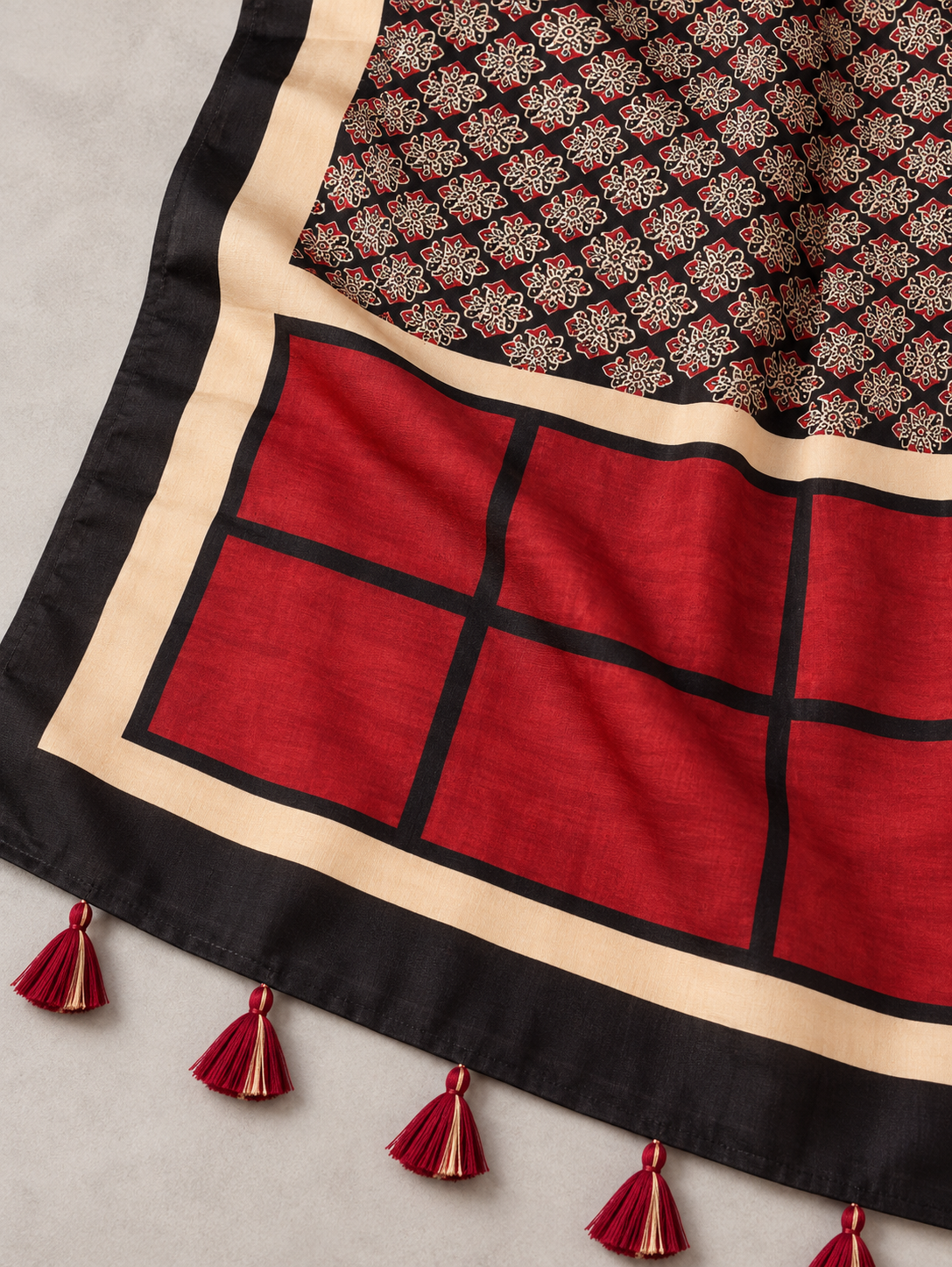 Women's Black & Maroon Ajrakh Inspired Printed Modal Silk Stole with Floral Motifs, Contrast Border & Tassels