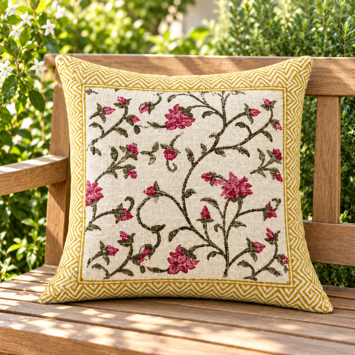 Hand Block Printed Jute Cushion Cover – Natural Beige with Rani Pink Floral Vine Print & Mustard Yellow Chevron Border | 16 x 16 Inches