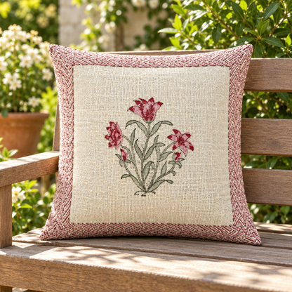 Hand Block Printed Jute Cushion Cover – Natural Beige with Pink Floral Bouquet & Rose Pink Geometric Border | 16 x 16 Inches