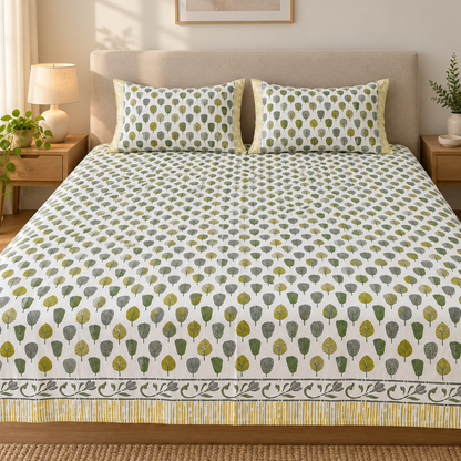 Hand Block Printed Cotton Double Bedsheet – White with Green & Mustard Yellow Leaf Print | 100 x 108 Inches