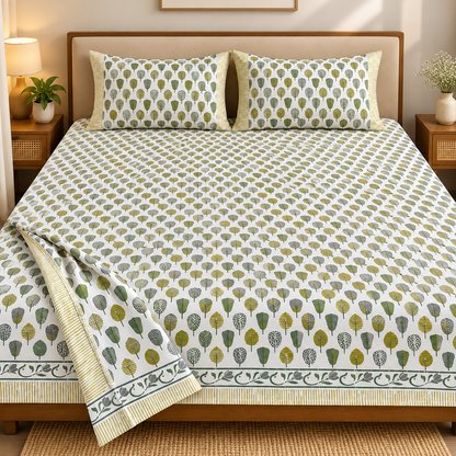 Hand Block Printed Cotton Double Bedsheet – White with Green & Mustard Yellow Leaf Print | 100 x 108 Inches