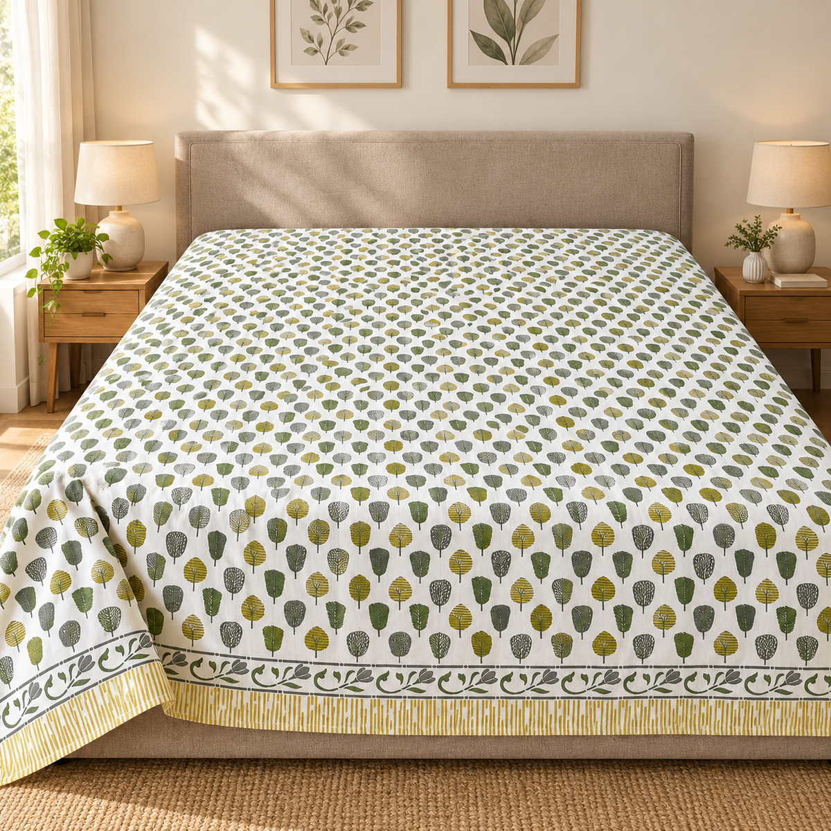 Hand Block Printed Cotton Double Bedsheet – White with Green & Mustard Yellow Leaf Print | 100 x 108 Inches