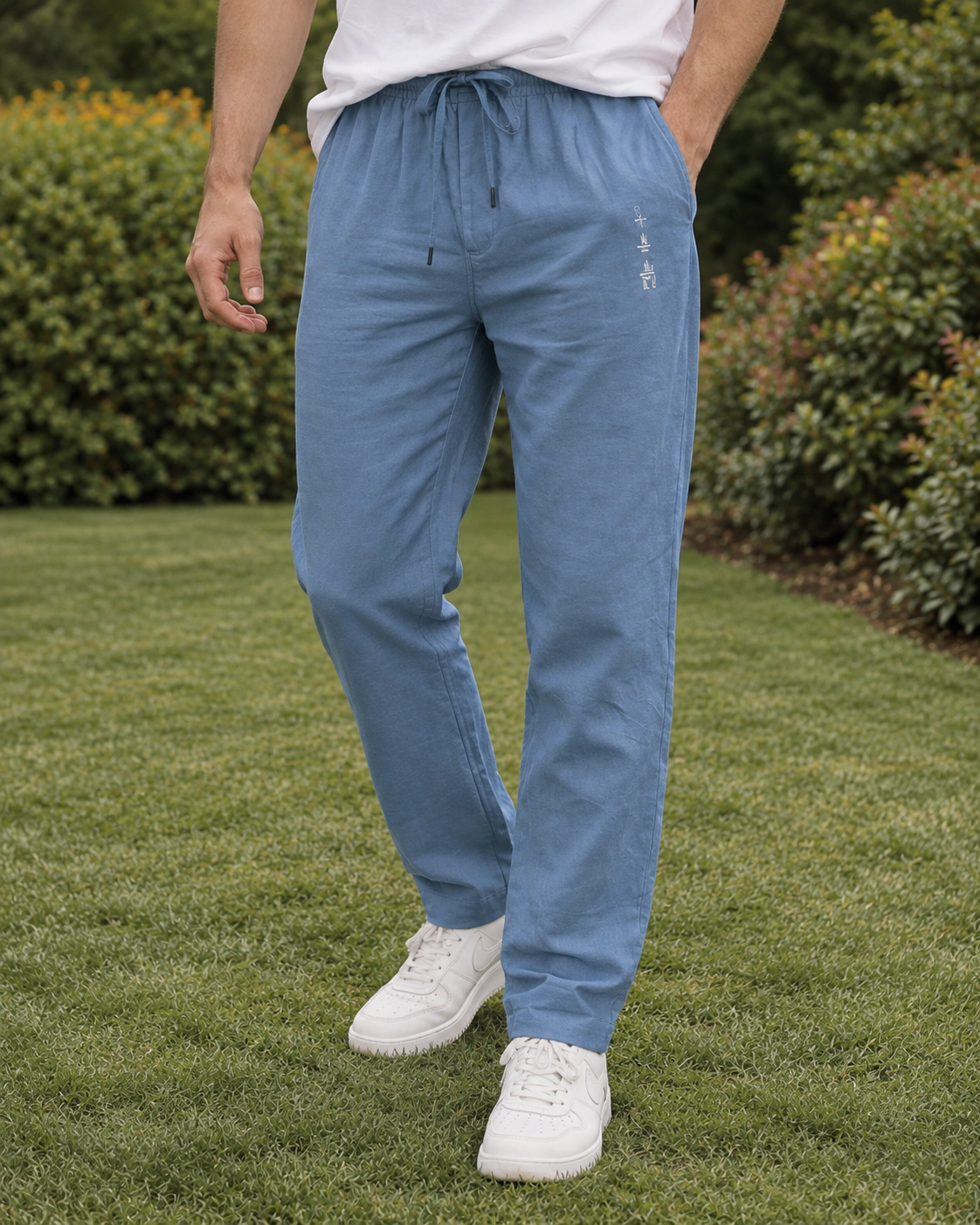 Men’s Cotton Linen Blend Light Blue Pants | Relaxed Fit Drawstring Casual Trousers with Pockets