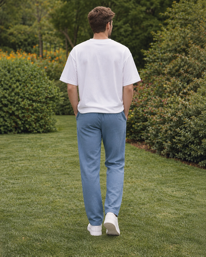 Men’s Cotton Linen Blend Light Blue Pants | Relaxed Fit Drawstring Casual Trousers with Pockets