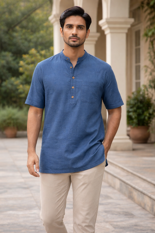 Men’s Pure Cotton Short Kurta (Dusty Blue) | Half Sleeve Casual Ethnic Kurta with Wooden Buttons | Summer Wear Short Kurta for Men
