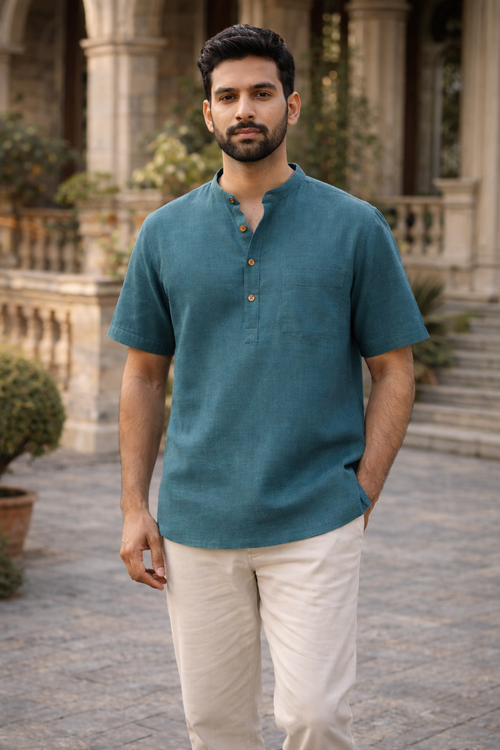 Men’s Cotton Short Kurta Half Sleeve – Teal Blue Casual Summer Kurta for Men | Lightweight Breathable Ethnic Wear | Modern Hip-Length Kurta