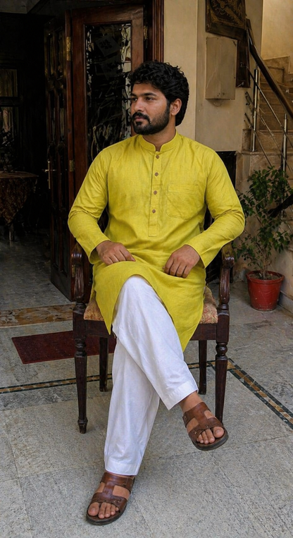 Men’s Cotton Long Kurta – Solid Yellow Ethnic Wear, Breathable Casual Traditional Kurta for Men