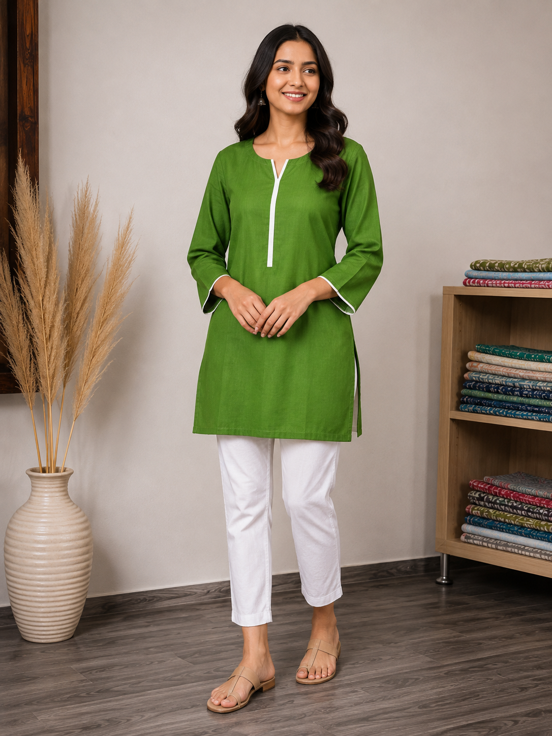 Women’s Green Linen Blend Short Kurti with Contrast White Piping, Notch Neck & Three-Quarter Sleeves