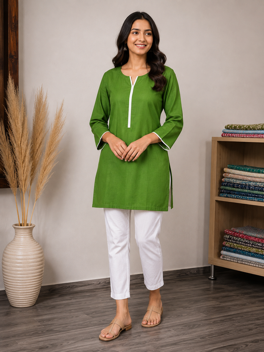 Women’s Green Linen Blend Short Kurti with Contrast White Piping, Notch Neck & Three-Quarter Sleeves
