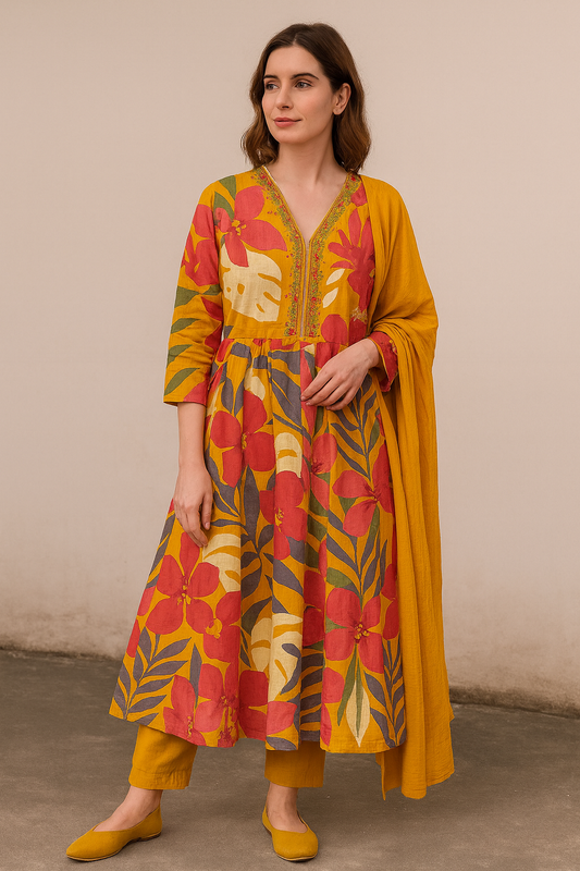 Yellow Crape Silk Floral Print Kurti Set with Dupatta – Festive & Ethnic Women’s Wear