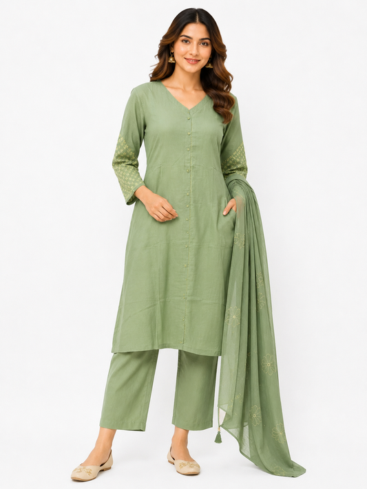 Women’s Sage Green Kurti Set with Dupatta | 3-Piece Button-Front Kurta, Straight Pants & Floral Printed Dupatta