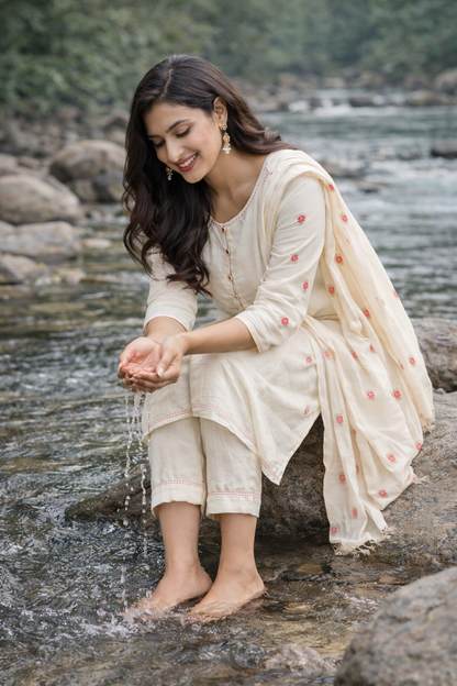 Premium Cotton Embroidered Kurti Set for Women with Dupatta – Elegant Cream Ethnic Wear | Natural Fab