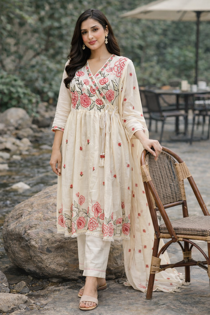 Floral Embroidered Cotton Kurti Set for Women with Dupatta – Cream Ethnic Kurta Pant Set | Natural Fab