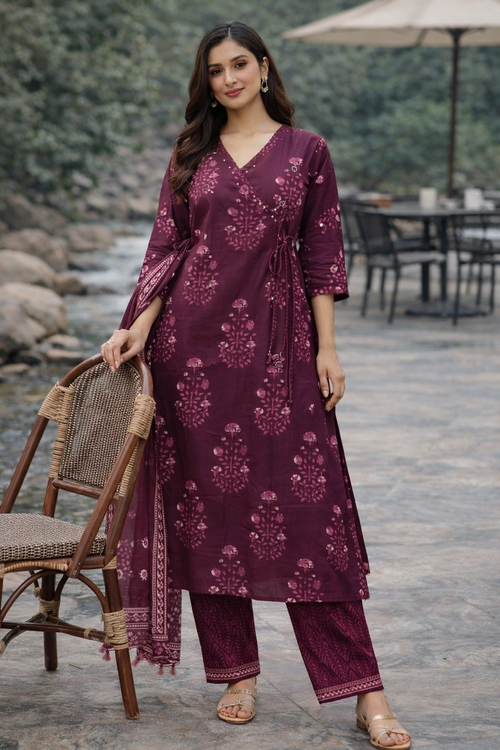 Maroon Printed Cotton Kurti Set for Women with Dupatta – Elegant Ethnic Kurta Pant Set | Natural Fab