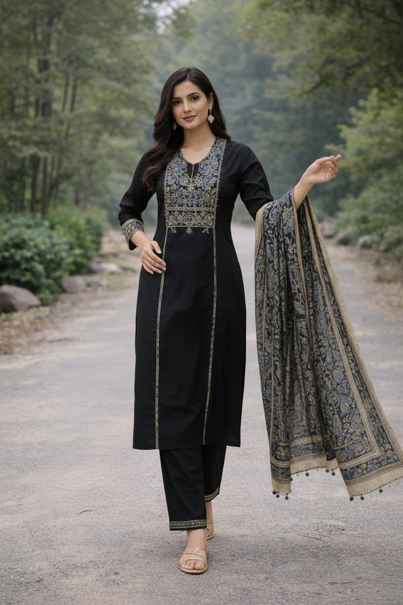 Black Embroidered Cotton Kurti Set for Women with Dupatta – Elegant Ethnic Kurta Pant Set | Natural Fab