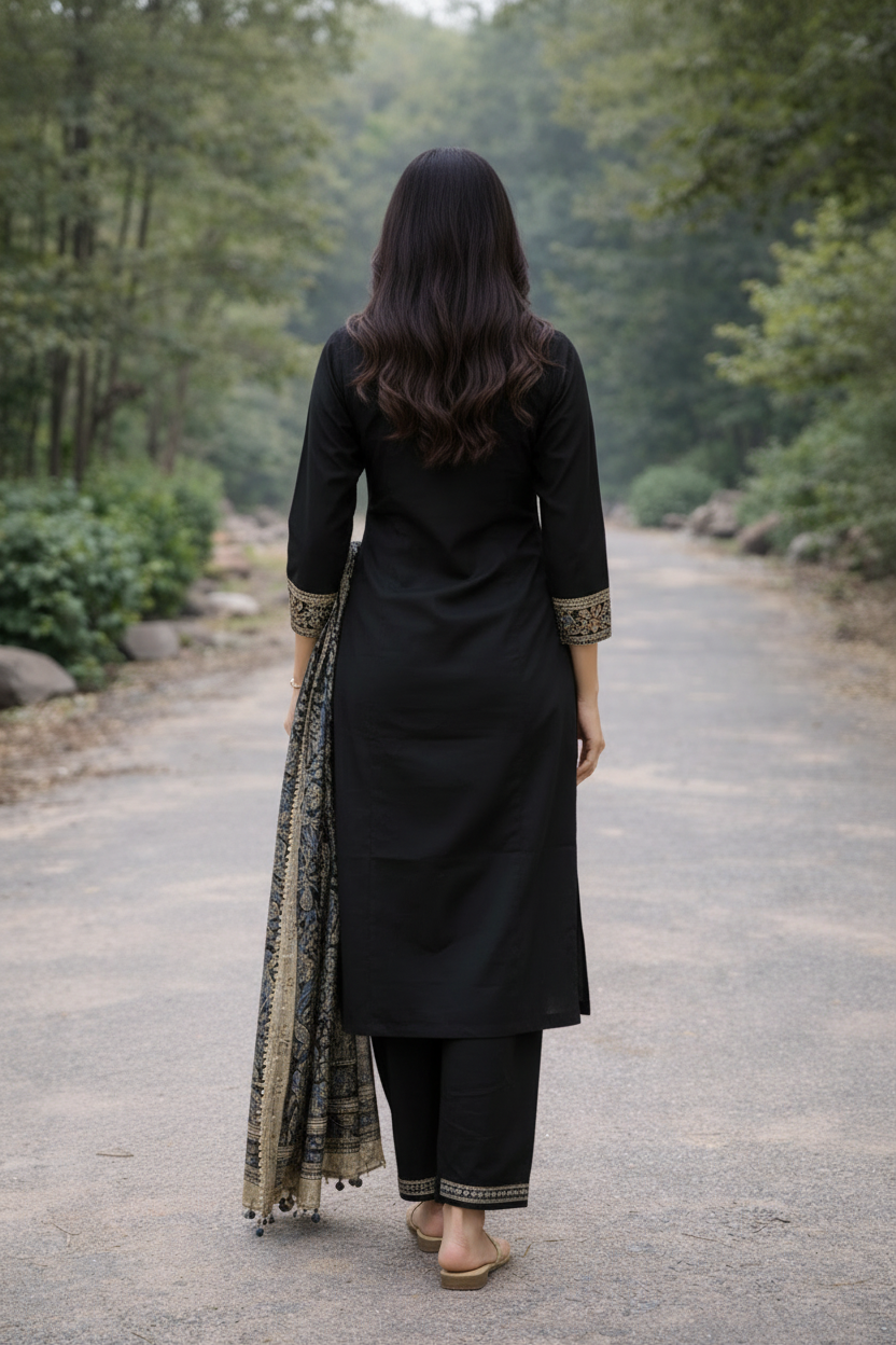 Black Embroidered Cotton Kurti Set for Women with Dupatta – Elegant Ethnic Kurta Pant Set | Natural Fab