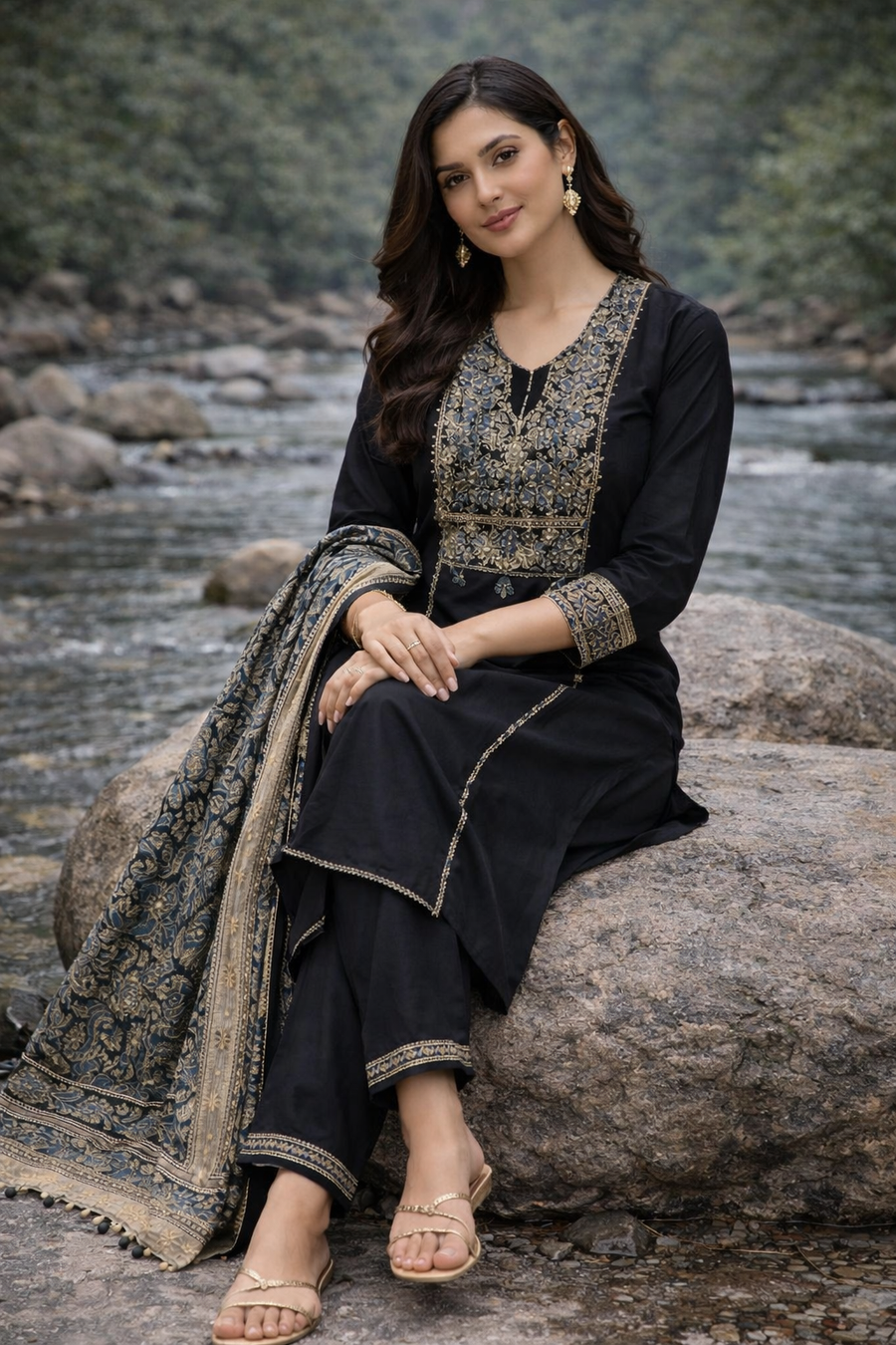 Black Embroidered Cotton Kurti Set for Women with Dupatta – Elegant Ethnic Kurta Pant Set | Natural Fab