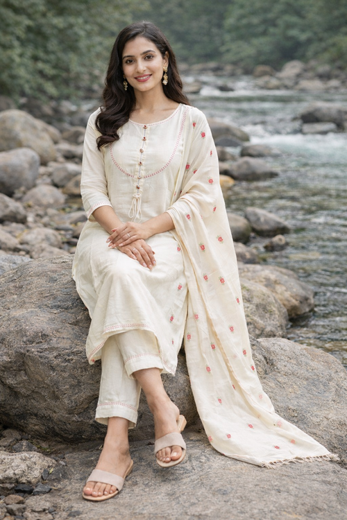 Premium Cotton Embroidered Kurti Set for Women with Dupatta – Elegant Cream Ethnic Wear | Natural Fab