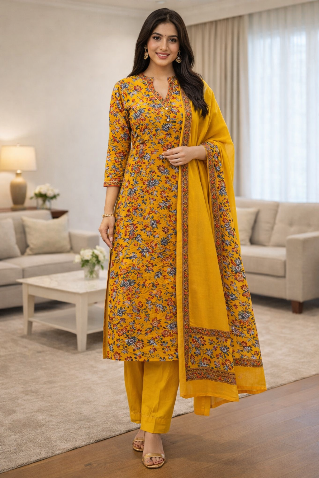 Mustard Yellow Floral Print Cotton Kurti Set with Dupatta – Elegant Ethnic Wear for Women | Natural Fab