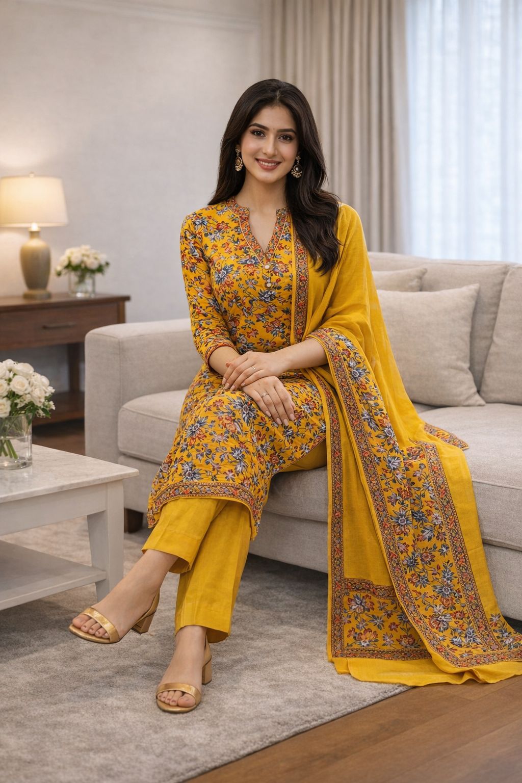 Mustard Yellow Floral Print Cotton Kurti Set with Dupatta – Elegant Ethnic Wear for Women | Natural Fab