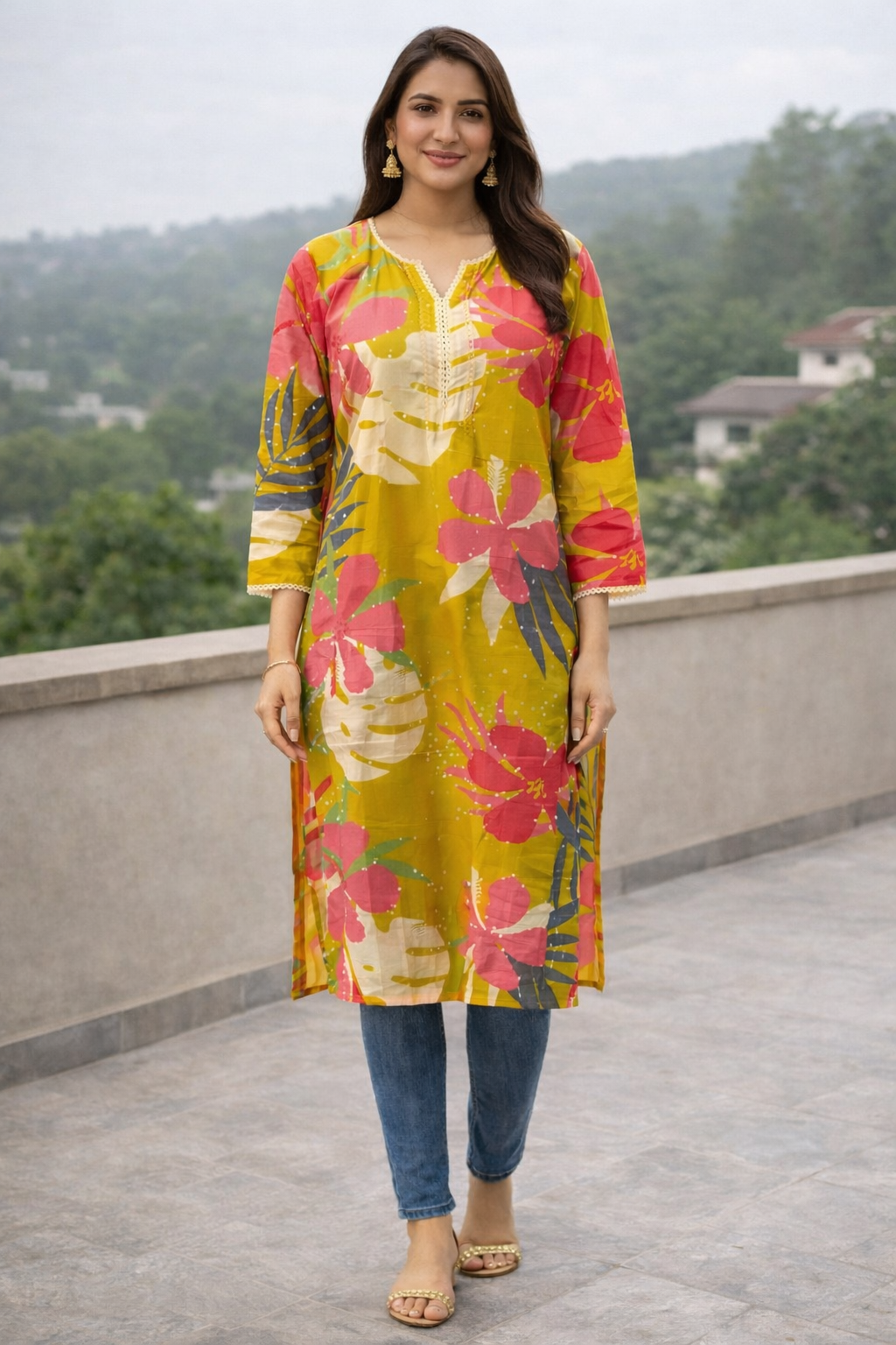 Mustard Yellow Floral Print Cotton Kurti for Women – Casual Straight Kurta | Natural Fab