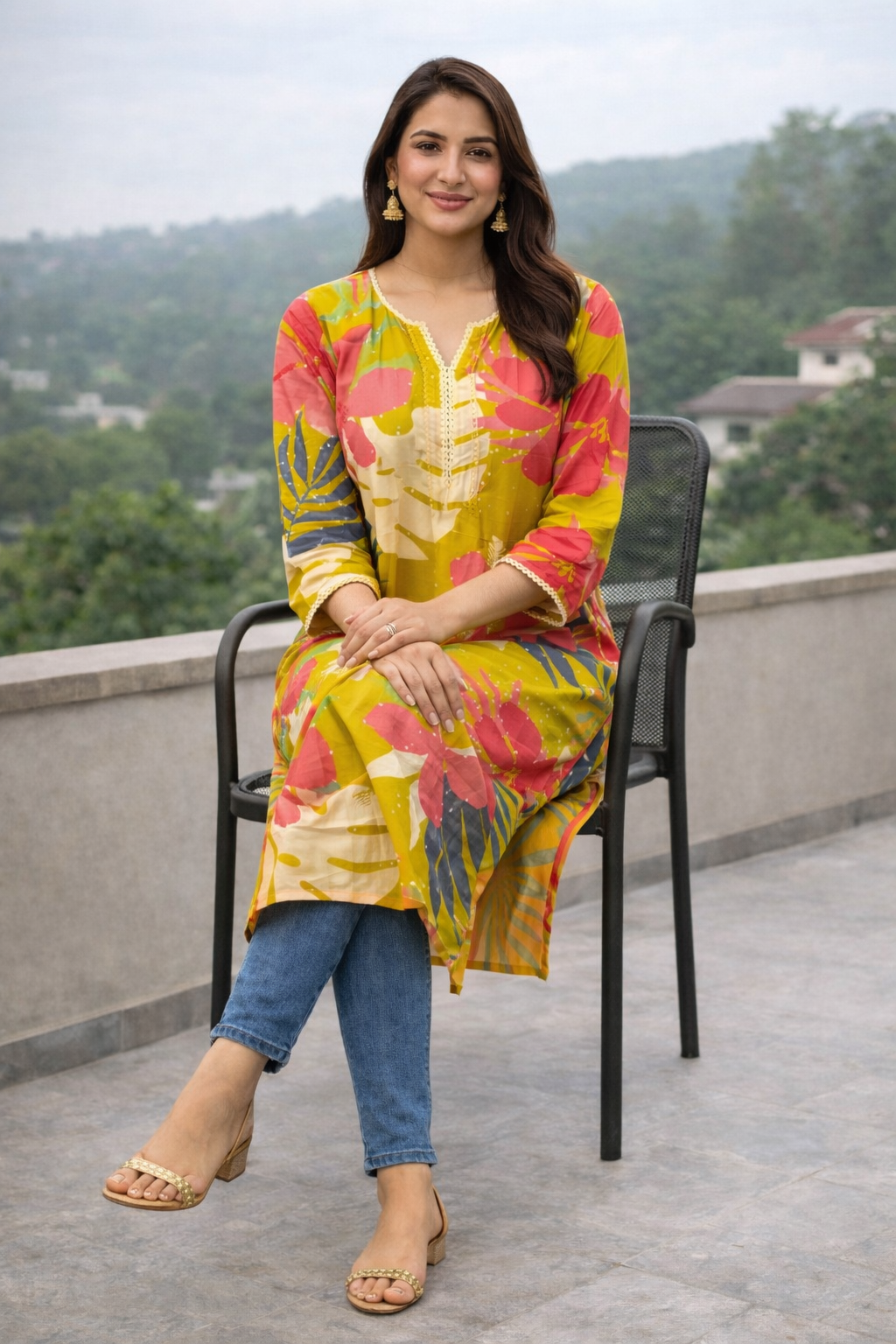 Mustard Yellow Floral Print Cotton Kurti for Women – Casual Straight Kurta | Natural Fab