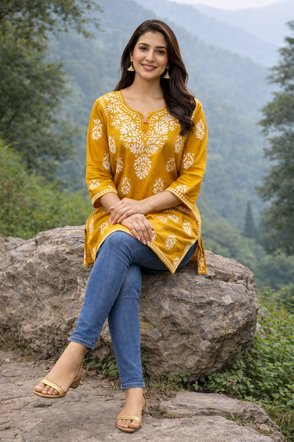 Mustard Yellow Printed Rayon Short Kurti for Women – Soft Casual & Daily Wear Short Kurta | Natural Fab