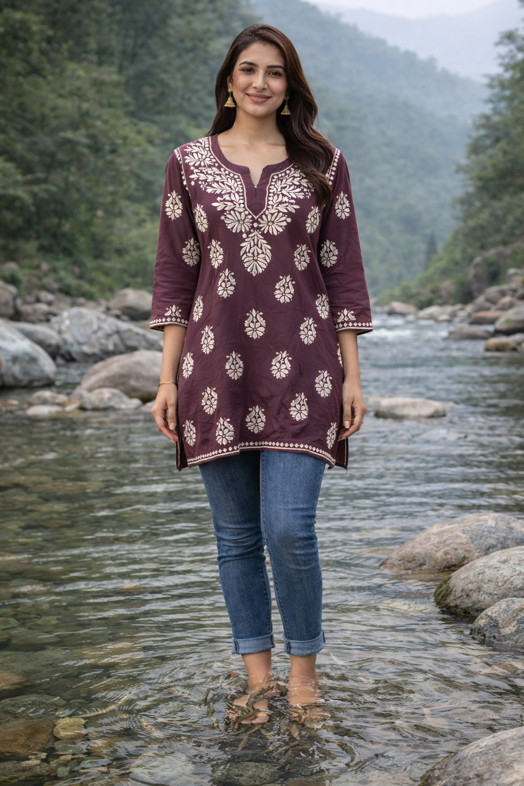 Maroon Printed Rayon Short Kurti for Women – Soft Casual & Daily Wear Short Kurta | Natural Fab