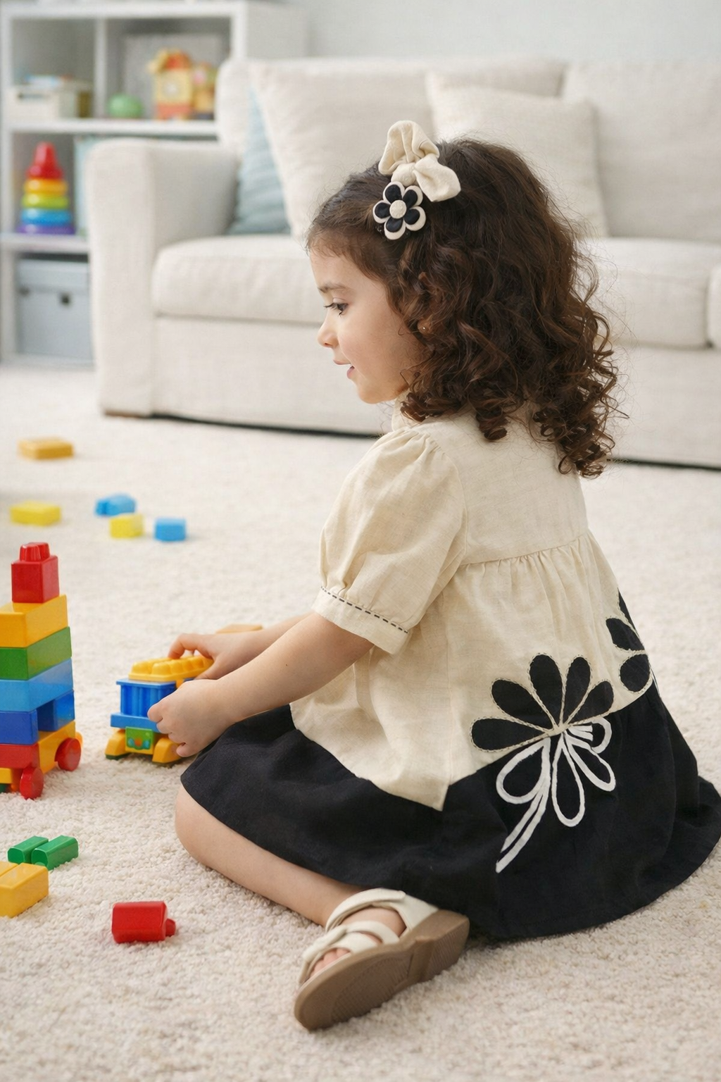 Girls Cotton Printed Dress – Cream & Black Kids Frock, Soft Comfortable Baby Girl Casual & Party Wear