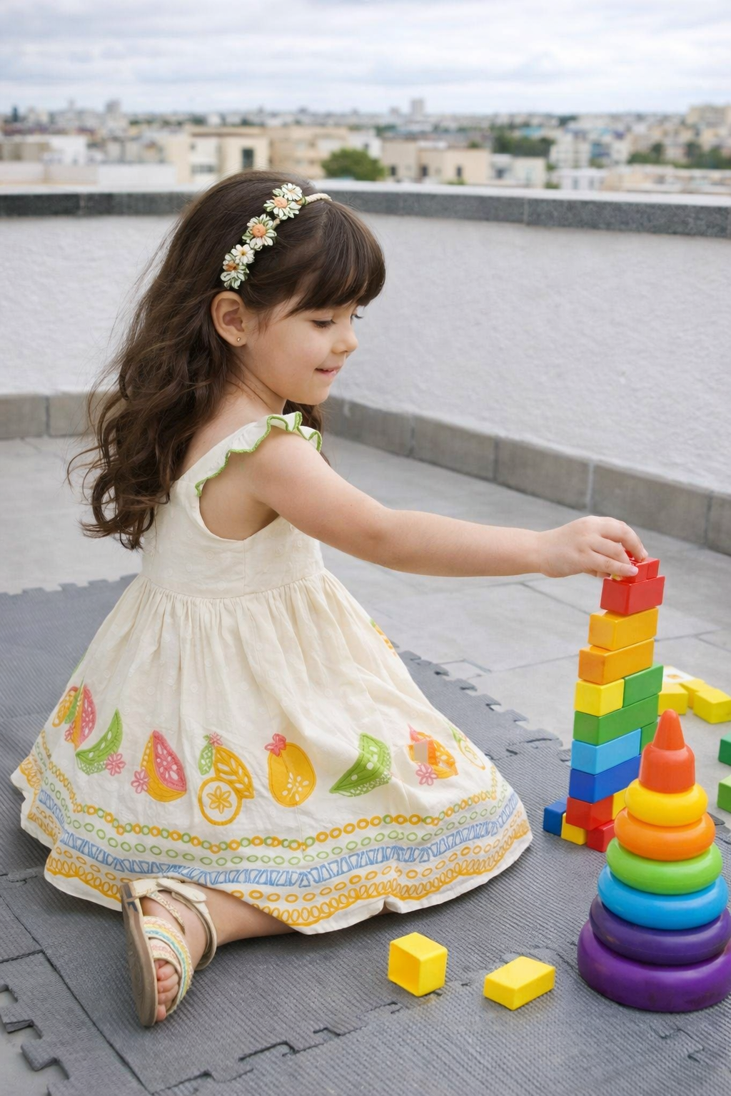 Girls Cotton Embroidered Dress – Cream Fruit Print Baby Girl Frock, Soft Summer Kids Party & Casual Wear