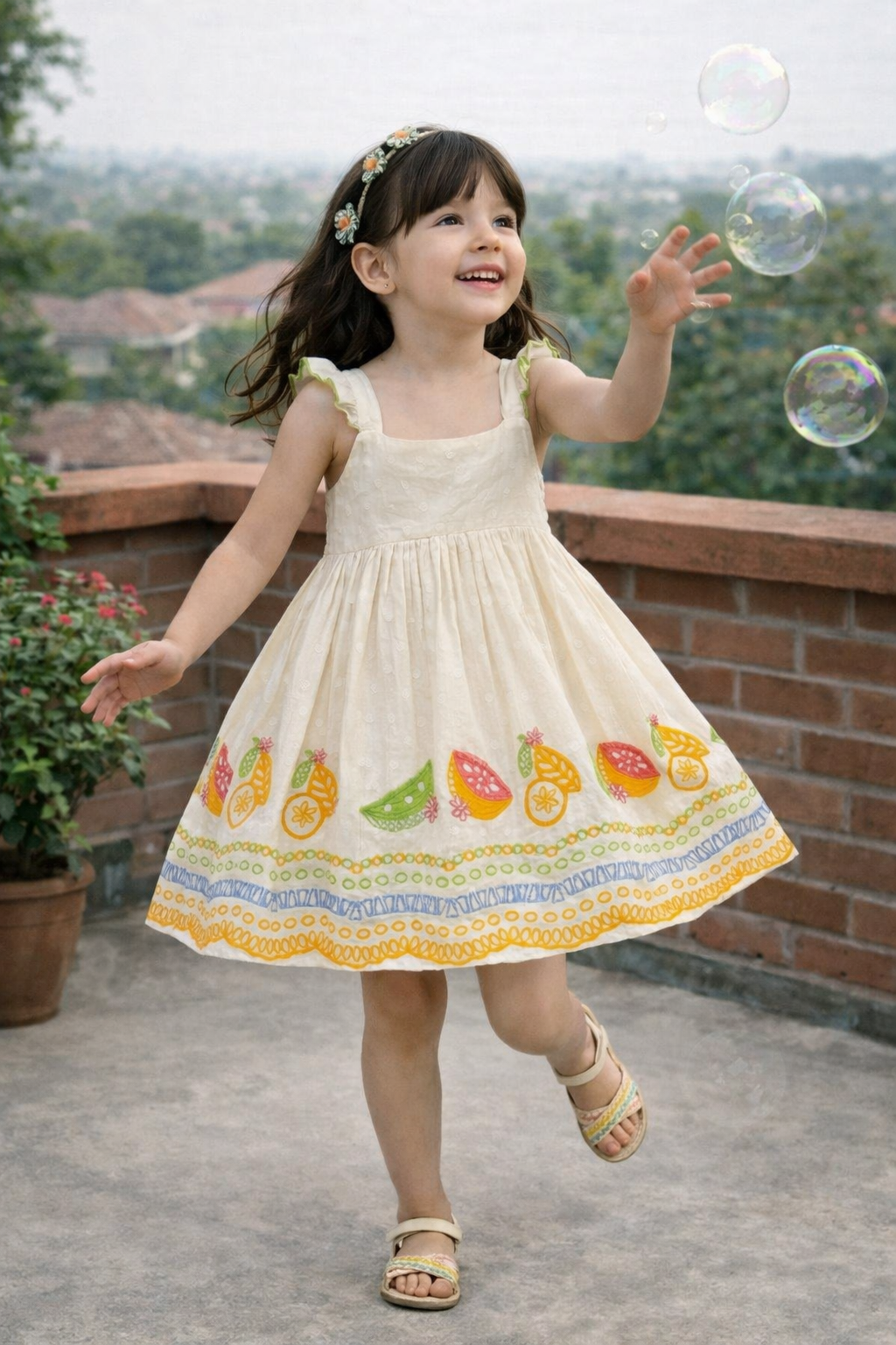 Girls Cotton Embroidered Dress – Cream Fruit Print Baby Girl Frock, Soft Summer Kids Party & Casual Wear