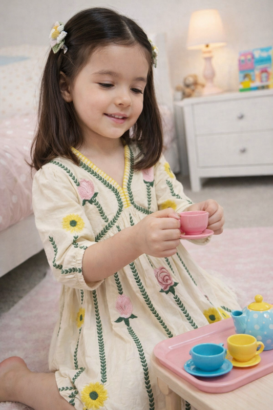 Girls Cotton Embroidered Dress – Cream Floral Baby Girl Frock, Soft Casual & Party Wear Kids Dress