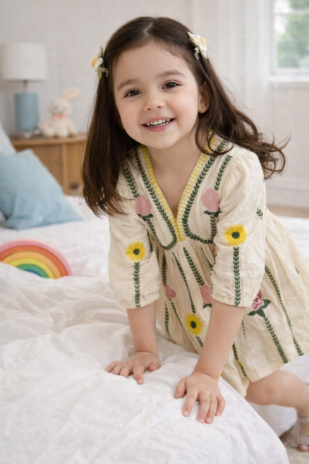 Girls Cotton Embroidered Dress – Cream Floral Baby Girl Frock, Soft Casual & Party Wear Kids Dress