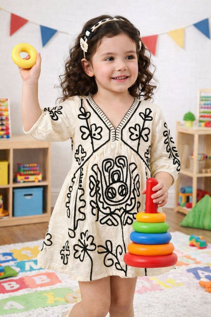 Girls Cotton Embroidered Dress – Cream & Black Floral Baby Girl Frock, Soft Casual & Party Wear Kids Dress