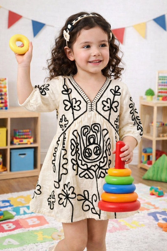 Girls Cotton Embroidered Dress – Cream & Black Floral Baby Girl Frock, Soft Casual & Party Wear Kids Dress