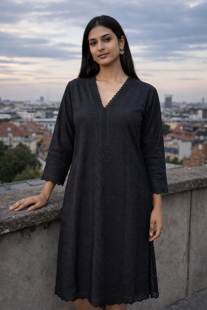 Women’s Black Cotton Kurti with Lace Detailing | Handcrafted Straight Kurta, Soft & Breathable