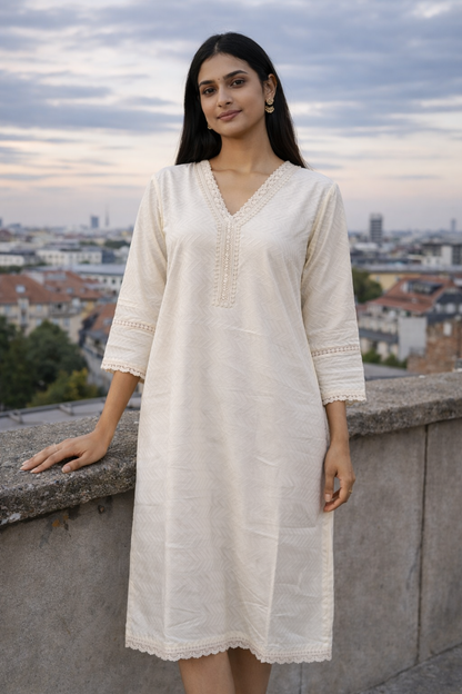 Women’s White Cotton Kurti with Lace V-Neck | Handcrafted Straight Kurta, Soft & Breathable