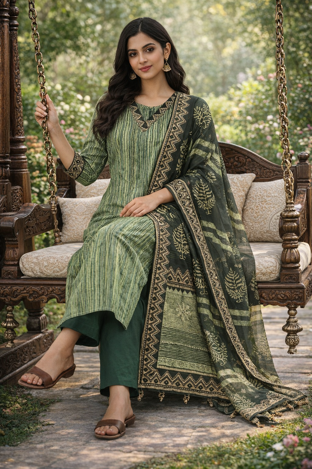 Women Olive Green Printed Kurti Set with Dupatta | Cotton Blend Straight Kurta Pant Set