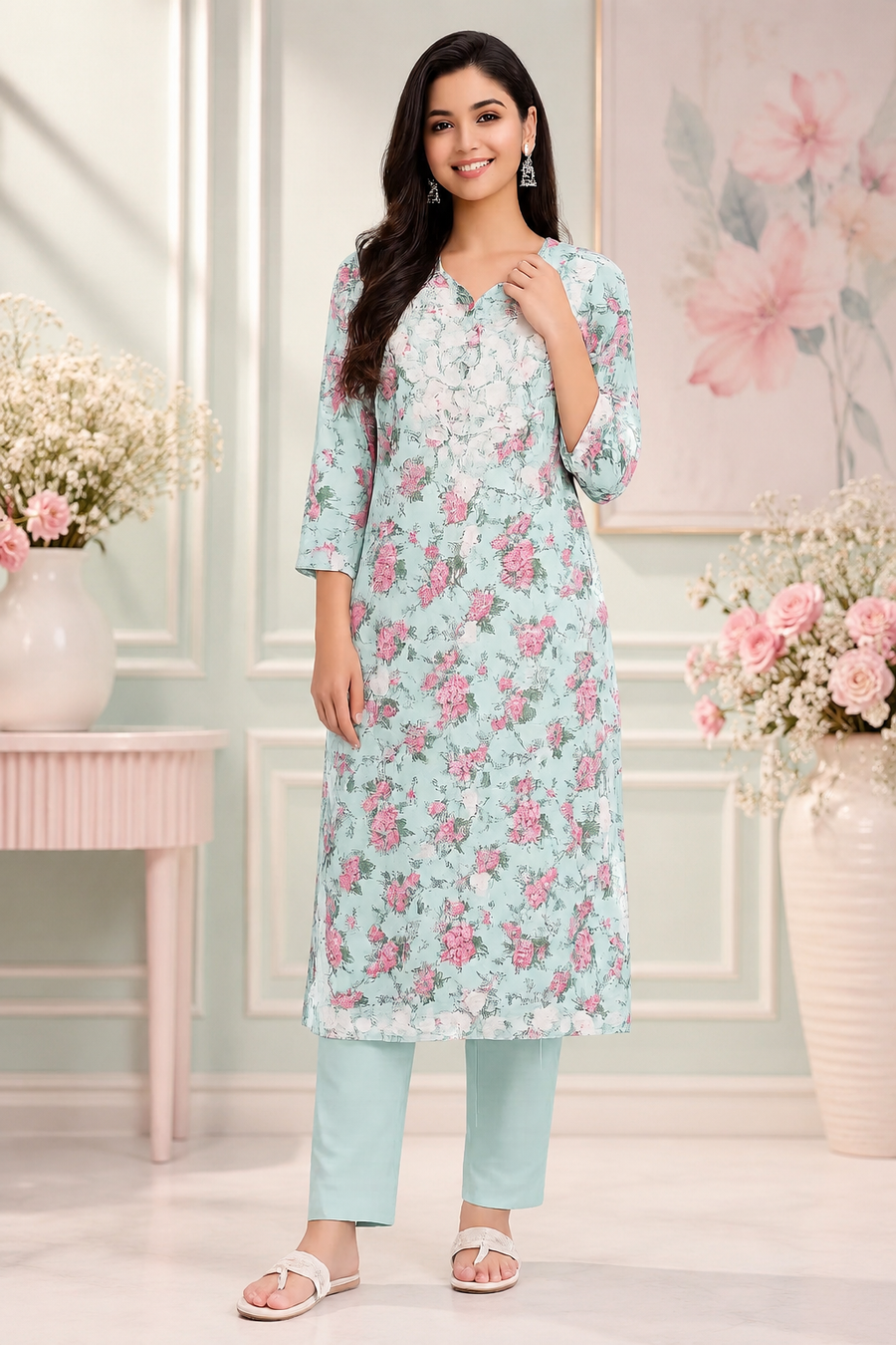 Women Floral Printed Kurti Set with Pants – Mint Green Cotton Kurta Pant Set for Casual & Daily Wear
