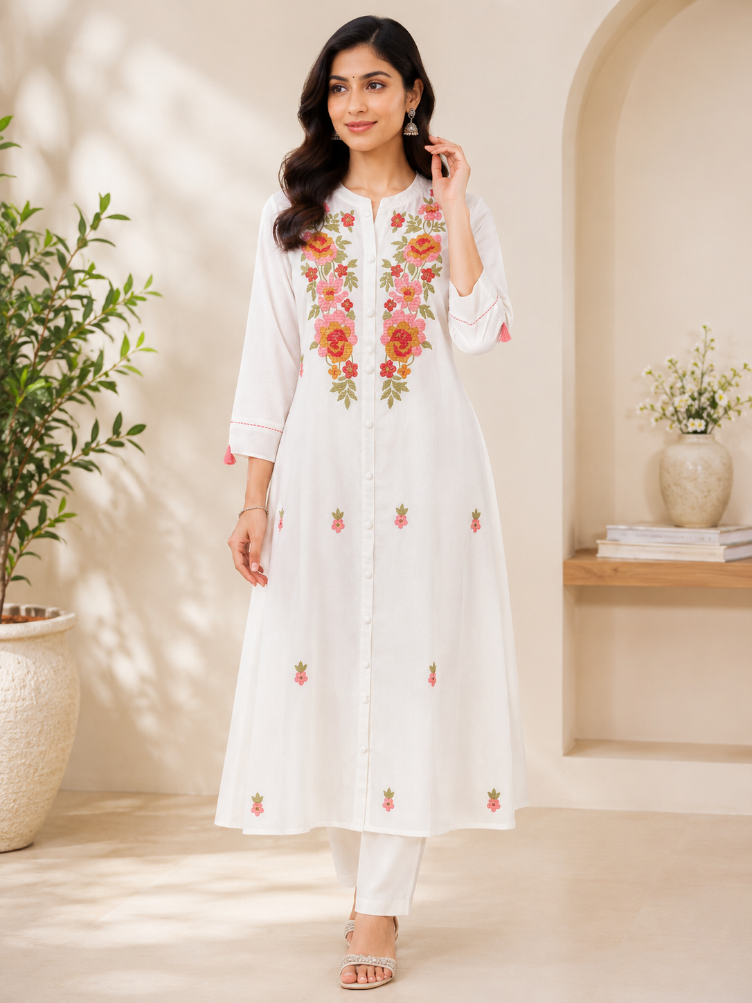 Women’s White Cotton Embroidered Long Kurta | Floral Embroidery Straight Kurti for Women | Round Neck 3/4 Sleeve Ethnic Wear